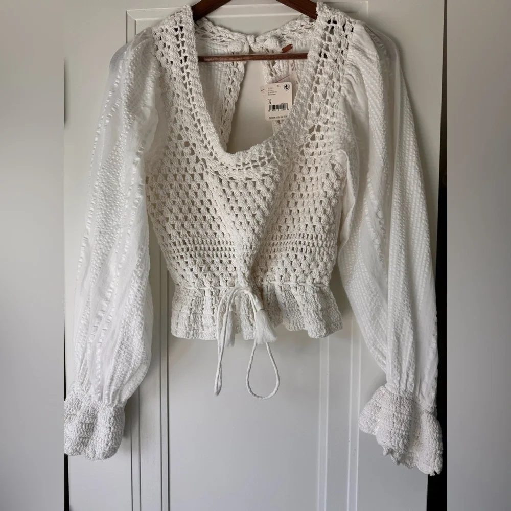 NWT Free People $128 Megan Crochet Knit Open Back Key Hole Blouse Ivory Small